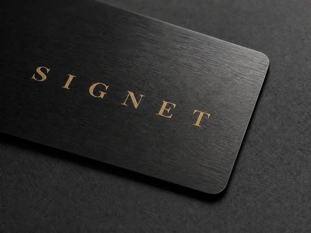 Brushed black stainless steel business card surface with directional texture and a thin metal edge