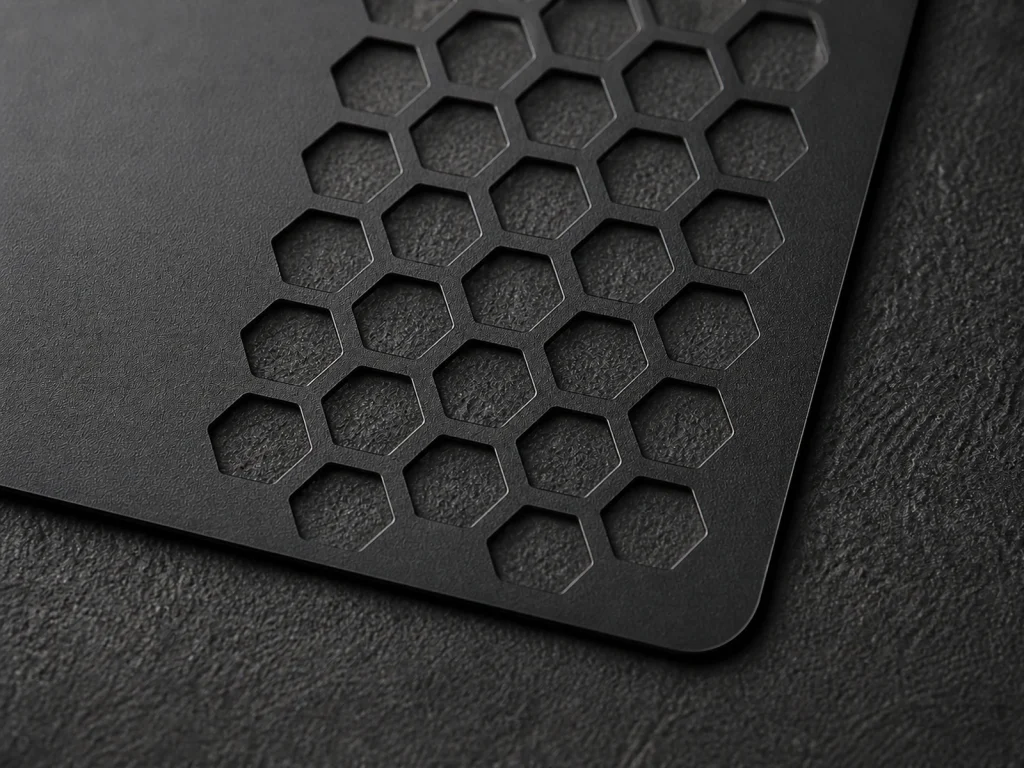 Close-up of a black stainless steel business card cutout edge and negative-space detail