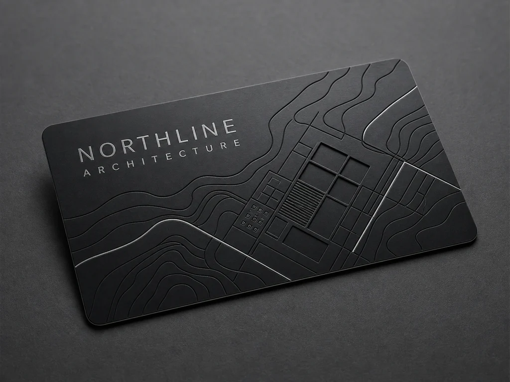 Black stainless steel business card with shallow etched lines and exposed-steel accents