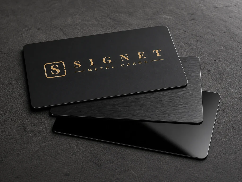 Three black stainless steel business card finish options in a layered arrangement