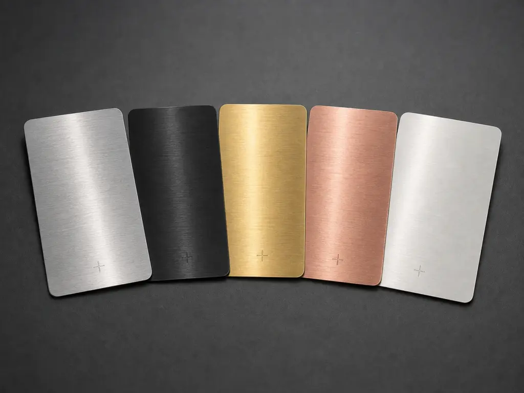 Five brushed stainless steel business card samples in silver, black, gold, rose gold and white