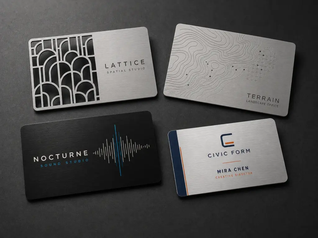 Four brushed stainless steel business cards showing cut-out, etched, printed and personalized designs