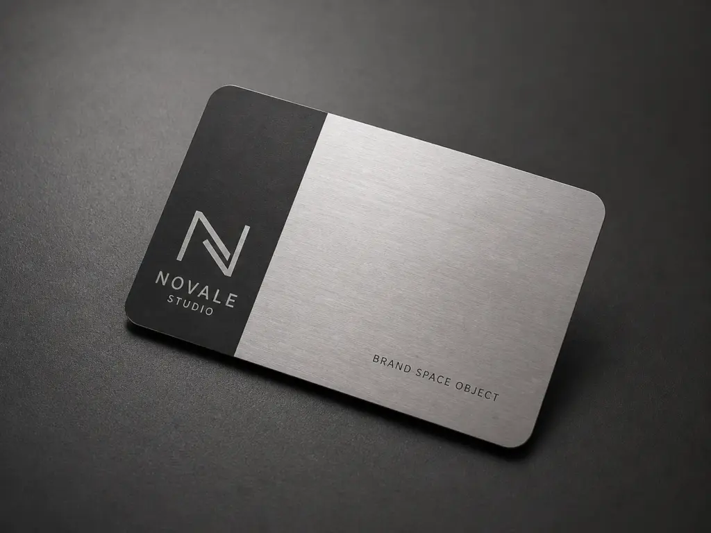 Silver brushed stainless steel business card with a dark printed panel on a graphite surface