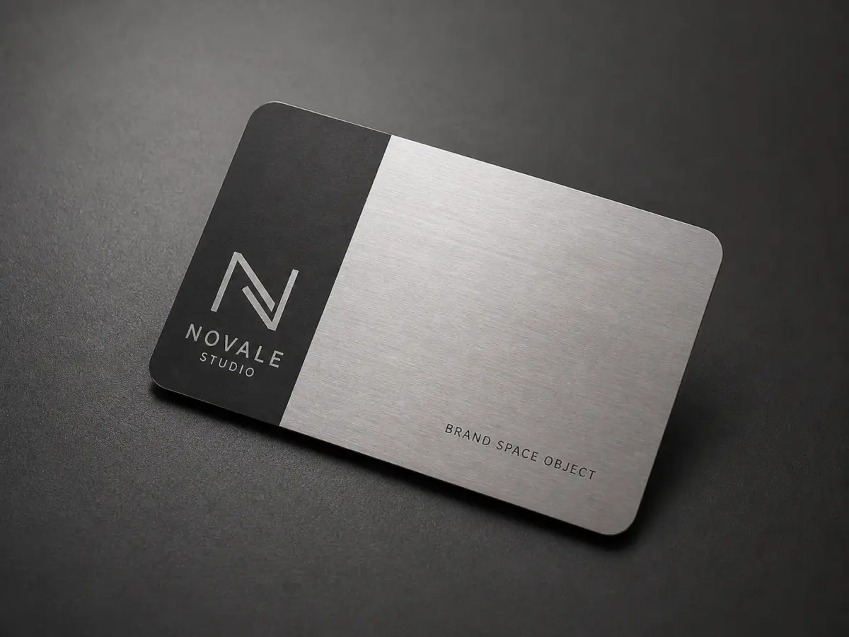 Brushed Stainless Steel Business Cards - Silver Featured View Silver brushed stainless steel business card with a dark printed panel on a graphite surface