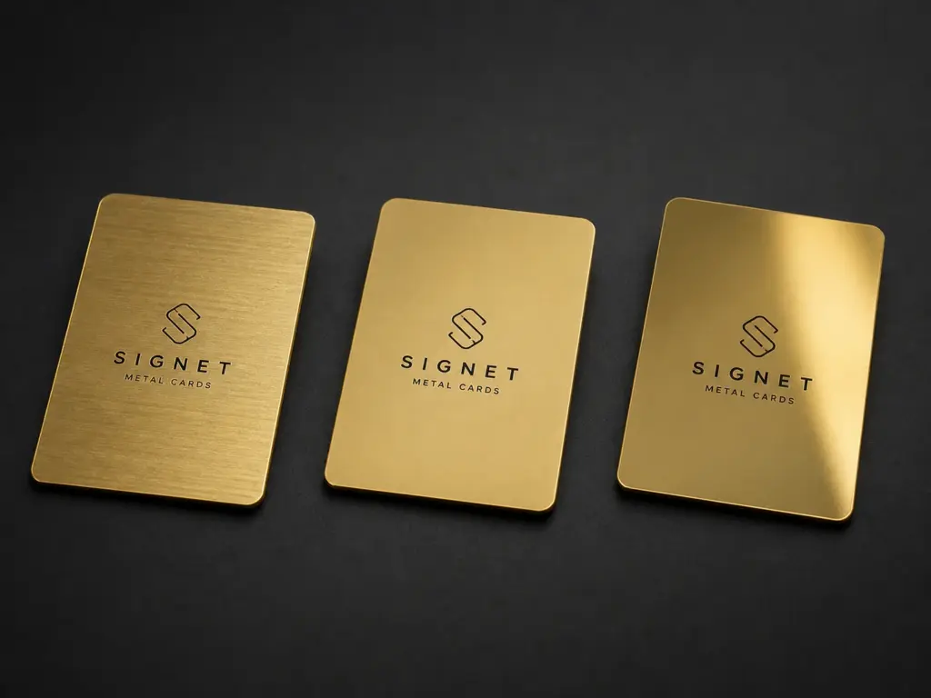 Three gold stainless steel business cards shown together with brushed, matte, and glossy surface finishes