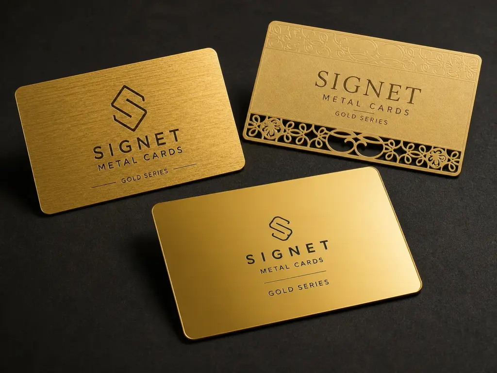 Three gold stainless steel business cards arranged on a charcoal background with brushed, glossy, etched, and cutout details