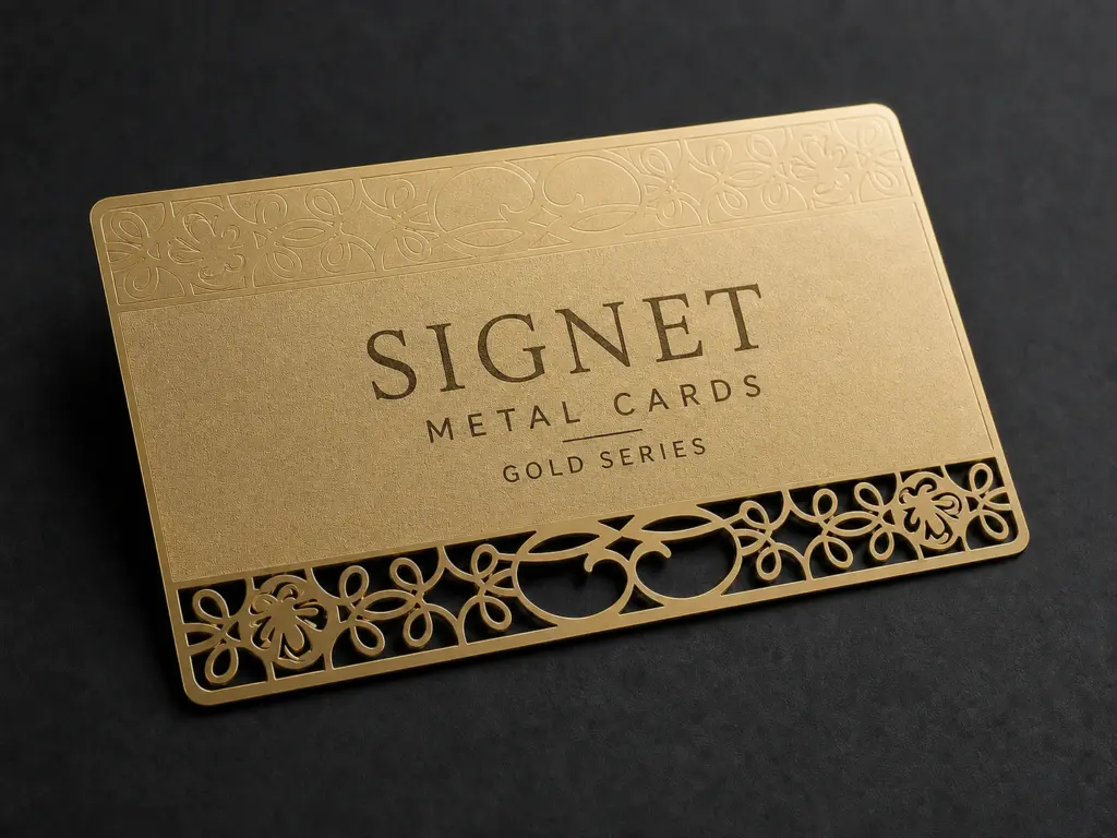 Close view of a matte gold stainless steel business card with etched floral lines and a through-cut lower border