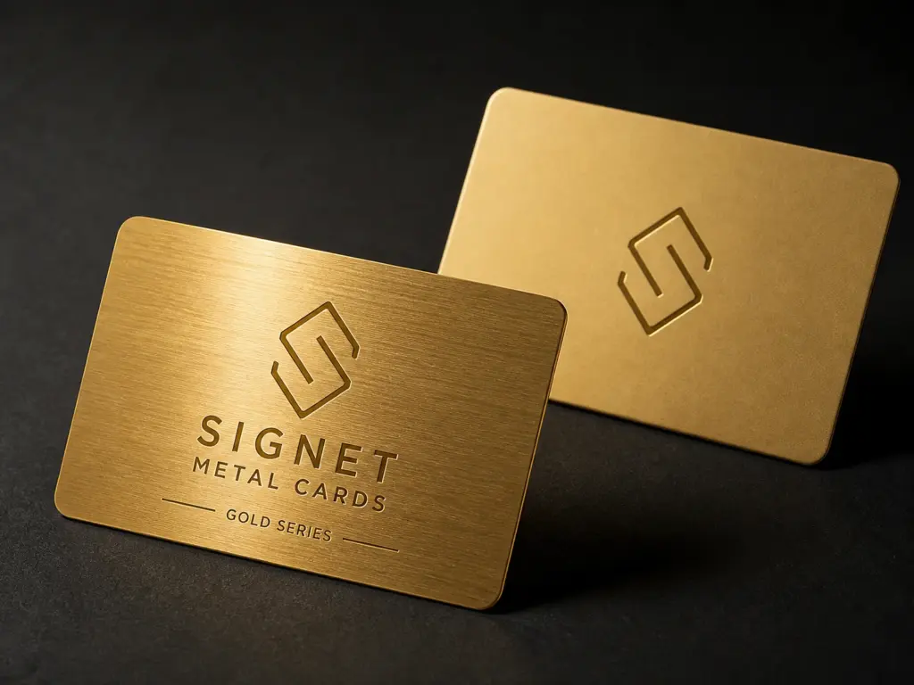 Two gold stainless steel business cards on a charcoal background, with a brushed card in front and a matte card behind