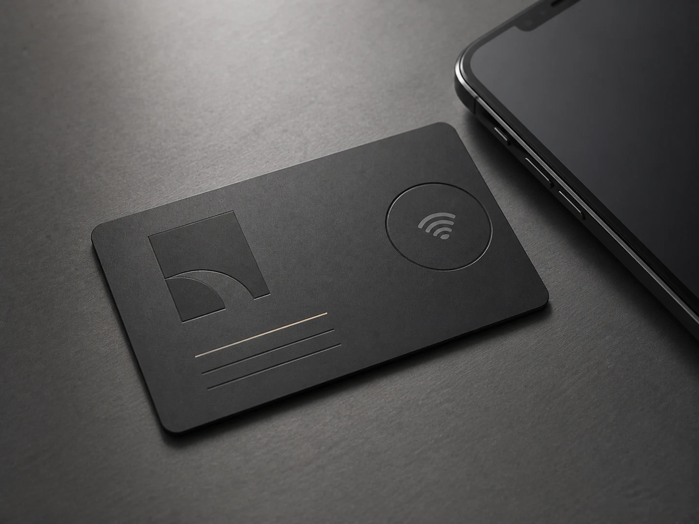 Matte black NFC metal business card beside a smartphone in a tap-to-connect setup
