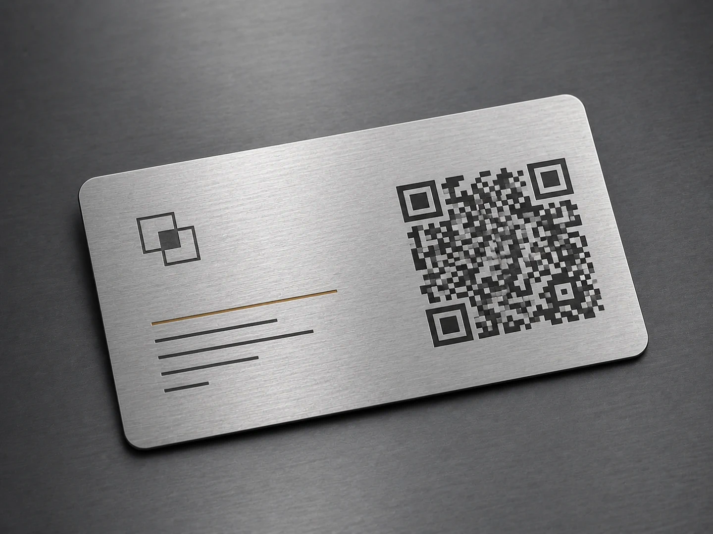 Brushed silver metal business card with a large black QR code on a dark studio background