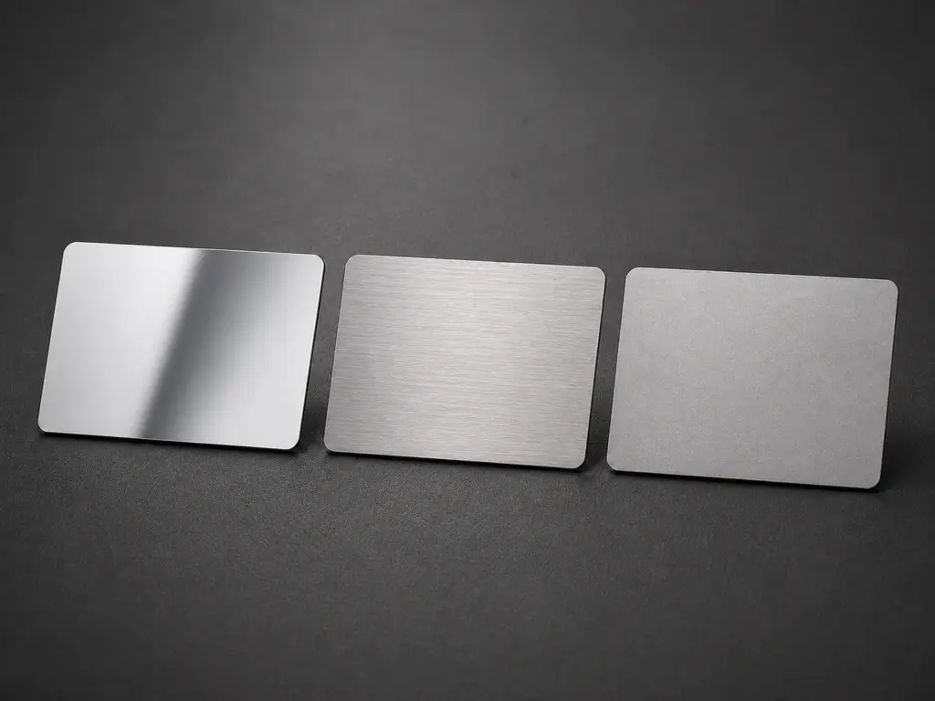 Mirror, brushed and matte silver stainless steel card finishes shown side by side